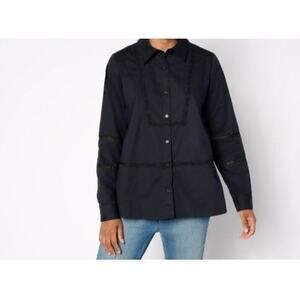 Attitudes Woven Button Front Top Blouse Lace Trim Black Size 1X A662792 NWT